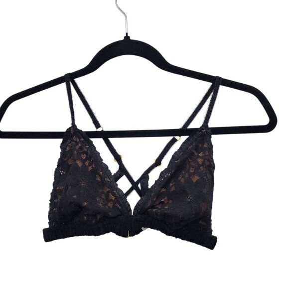 For Love & Lemons‎ Skivvies Sage Lace Bra Black Tan Wireless Triangle Bralette M - Picture 1 of 7
